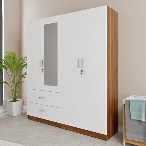 Image of VIKI Wardrobe | Wooden Almirah for 4 Door 2 Drawer with Shelves & 2 Hanging Space Mirror Wardrobe (Walnut | White - 40D x 160W x 180.8H) | 1 Year Warranty | Free Assembly