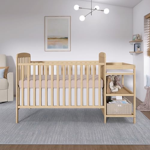 Image of Dream On Me Anna 3-in-1 Convertible Full-Size Baby Crib & Changer with Storage in Natural, GreenGuard Gold & BSA, Pinewood, Converts to Day & Toddler Bed, 3 Mattress Heights, 1″ Changing Pad