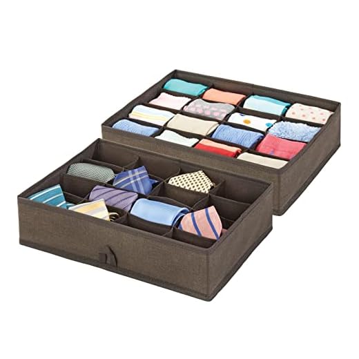mDesign Soft Fabric Dresser Drawer and Closet Storage Organizer Tray - 16 Sections for Lingerie, Bras, Socks, Leggings, Underwear, Jewelry, Scarves - Textured Print, 2 Pack - Espresso Brown