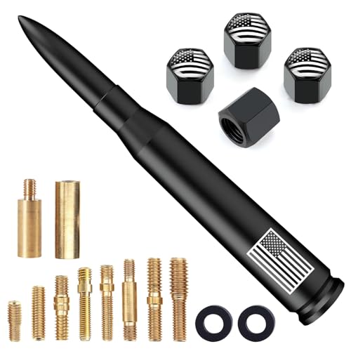 Car Truck Bullet Antenna with Tire Valve Caps American Flag Universal Short Replacement for GMC Sierra Chevy Silverado Dodge Ram 1500 2500 3500 Ford F150 F250 F350 Super Duty Accessories, Matte Black