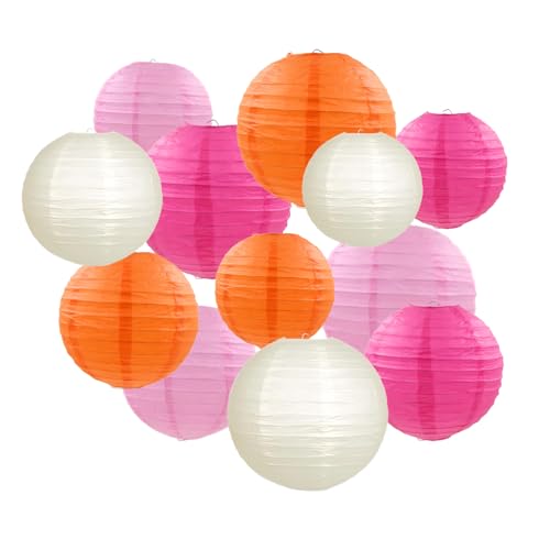 FRKOKRFA Lot de 12 lampions ronds en papier rose et orange pour communion, baptême, mariage, anniversaire, décoration de fête
