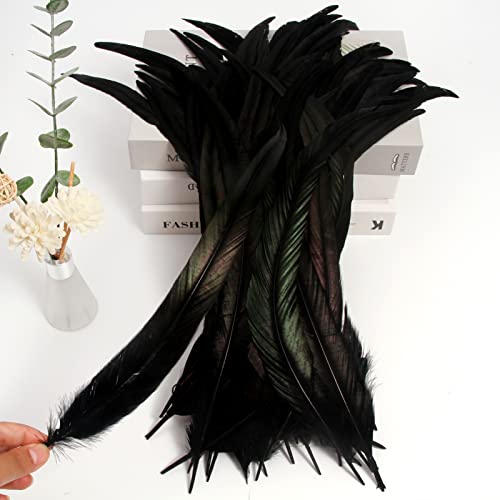 Tharaht 50Pcs Rooster Coque Tail Feathers Bulk Natural 12-14Inch 30-35Cm For Crafting Wedding Fly Tying Feather Party Performances Diy Decoration Rooster Tail Feather,Black #TOP3