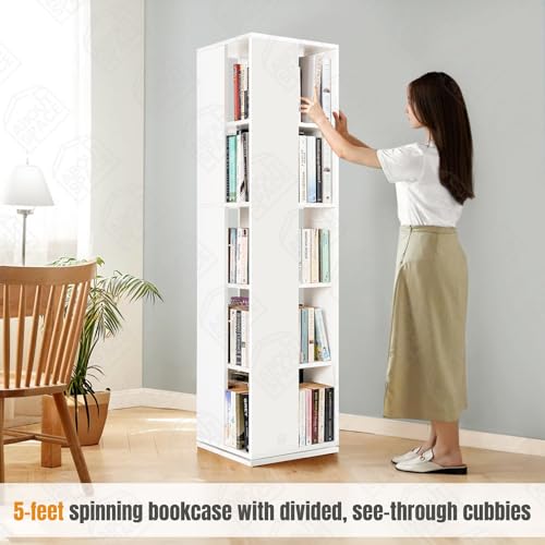 Image of ABOUT SPACE Rotating Book Shelf for Home Library - 5 Tier 360 Book Rack | DIY Wooden Book Stand with Partition & Bottom Turnplate for Office, Livingroom, Bedroom (White - L 38 x B 38 x H 150 cm)