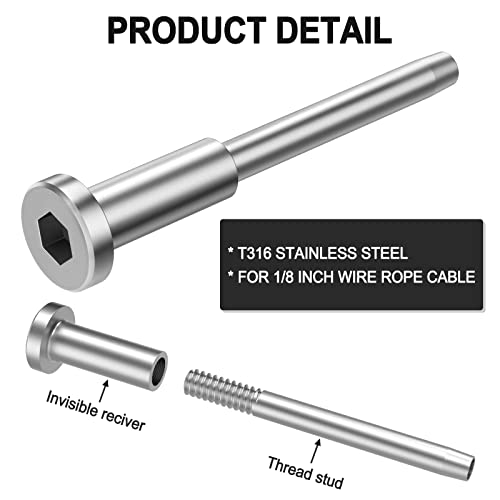 Blika 50 Pack Invisible Cable Railing Kit, T316 Stainless Steel 1/8" Invisible Receiver And Swage Stud End For Cable Railing, Swage Tensioner 1/8" For Wood/Metal Post, Cable Railing Hardware #TOP2