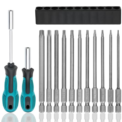 Prebarfun 14pcs Torx Screwdriver Bit Sets, 100mm Star Screwdriver Set, Torx Security Bits, Long Torxs Bits for Impact Drill, Ratchet Wrench Etc