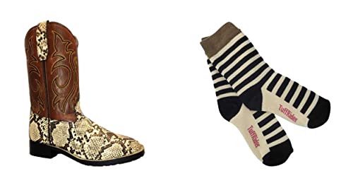 TuffRider Children's Mesa Square Toe Western Boot- Brown w/Snakeskin-With Free Assorted Striped Socks