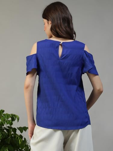 Image of oxolloxo Women Solid V-Neck Short Sleeve Cold Shoulder Yarn-Dyed Dobby Top
