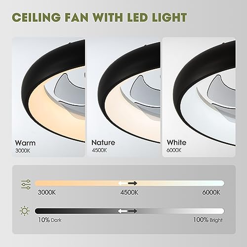 LUDOMIDE Ceiling Fans with Lights 20'' Flush Mount Fan Remote & APP Control Black Low Profile 6 Wind Speeds Smart Dimmable LED for Bedroom Living Room (Y1095-BK-ELE)