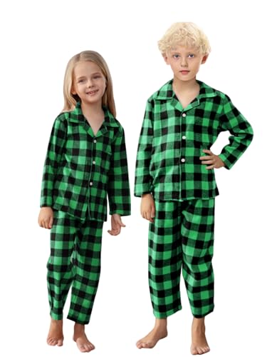 Schbbbta Pajamas for Mens, Flannel Black Green Family Plaid Pajamas Cotton 2-Piece Button Down Sleepwear Pjs Sets, Black Green, US L3
