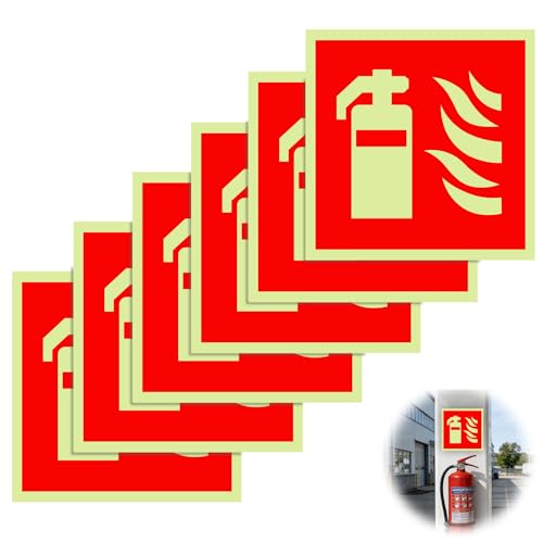 pangutheos 6 Stück Selbstklebend Feuerlöscher Schild PVC Nachleuchtend Feuerlöscher Aufkleber 15 x 15 cm Hinweisschild Feuerlöschers für Haus Büro Baustelle und Krankenhaus