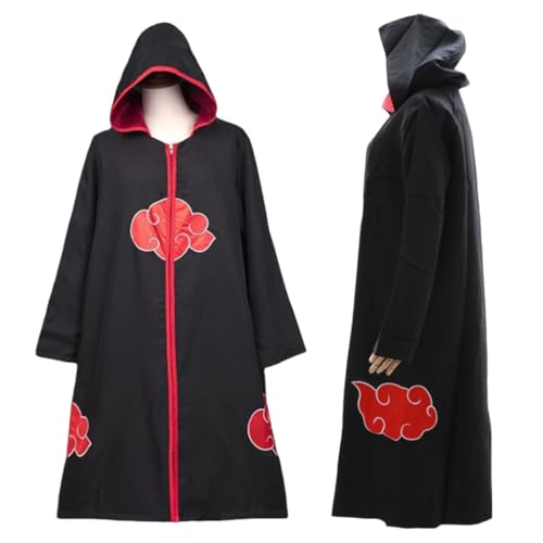 Venzina® Hooded Akatsuki Cloak Costume Akatsuki Dress Cape Anime Cosplay Kit, Itachi Uchiha Costume for Men Women, with Headband & Accessories for Party Halloween (Size L, for Height 165-170cm)