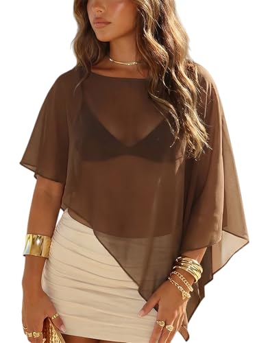Alyweatry Women Chiffon Cape Shawls and Warps for Evening Dress Wedding Sheer Mesh Flowy Capelets Top (Brown S)