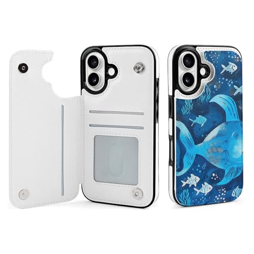 Étui portefeuille iPhone 16 poisson bleu antichoc anti-rayures cuir