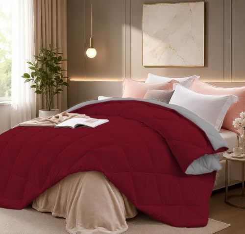 Image of Super Comfort Reversible Microfiber 300 GSM Comforter for Heavy Winter, Warm Quilted Blanket with Diamond Stitch, 92 x 106 Inches (233 x 269 cm), Comforter for King Size|Silver /Burgundy