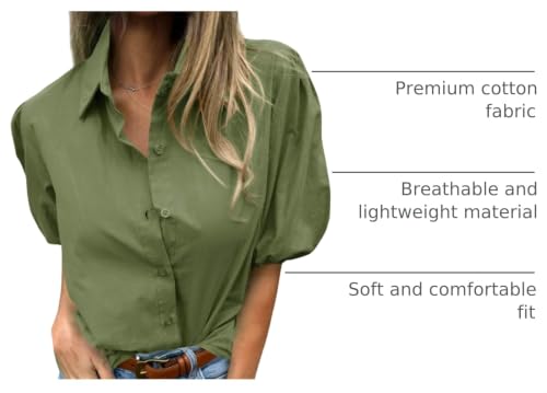 Image of Tankaneo Womens Button Down Shirts Puff Sleeve Tops Summer Cotton Blouses | Loose Fit, Boxy, Dressy Casual, Collared, Short Sleeve, Solid Color, Striped, Plaid, Polka Dots