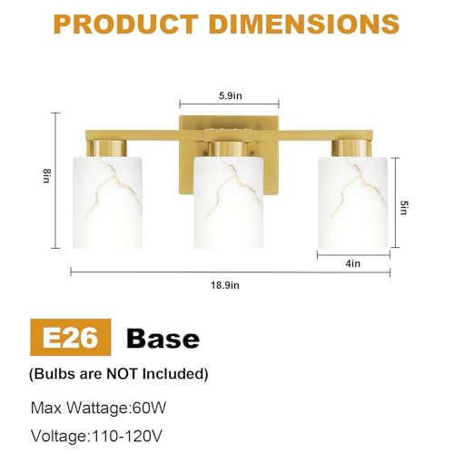 Image of 3-Light Bathroom Light Fixtures, Modern Vanity Lights, Gold Metal Wall Lamp with White Marble Glass for Bathroom, Mirror, Living Room, Bedroom, Cabinet, Porch, Hallway, E26 Base