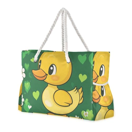 Cute Cartoon Green Duck Sandproof Pocket Tote Bag with side pocketes Bag Portable Travel for beach&school&work