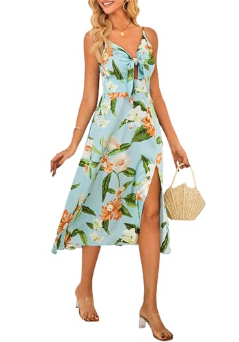 Image of Fashionme Women Spaghetti Strap Midi Satin Dresses Tie Front Backless Slit Cutout Dress Semi-Formal /Casual Flowy Lightweight
