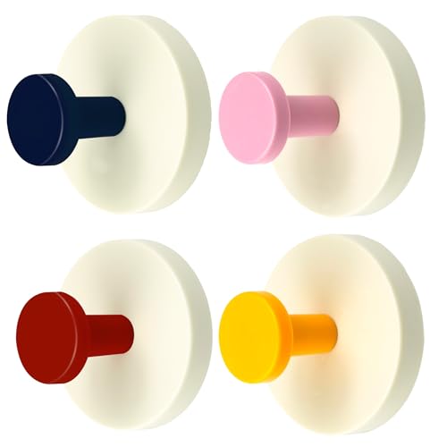 Suction Cup Hooks Adhesive Wall No Damage Extra Sticky Storage Hooks - Holds Heavy Duty for Towel, Shower, Coat & Bathroom Door,Wardrobe Door Hanger, 4 Pack (Red/Pink/Navy Blue/Yellow)