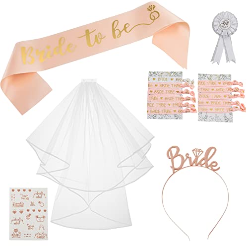 WuikerDuo Despedida de Soltera Accesorios,16 Pièces Complementos Despedida de Soltera Set con Tiara de Corona,Español Velo Novia,Bride Fajas,10 Team Bride Pulsera,1 Novia Pulsera,Insignia,Tatuajes Cover
