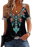 kipfall Womens Cold Shoulder Tops with Sequins V Neck Short Sleeve T Shirts Casual Loose Fit Basic Tee
