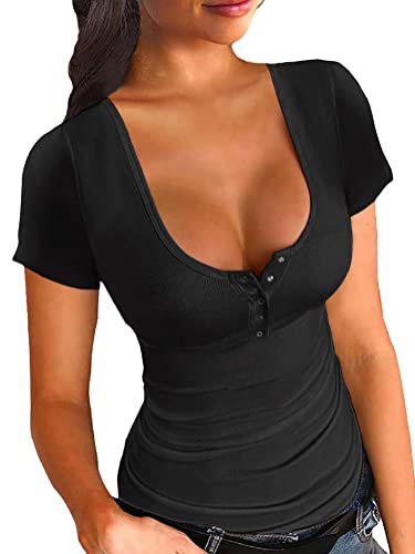 Onsoyours Damen Top Strickshirts Sexy Kurzarm Elegant Strickoberteil Top T Shirt Slim Fit Oberteile V Ausschnitt Ribbed Tunika mit Knopf B Schwarz M