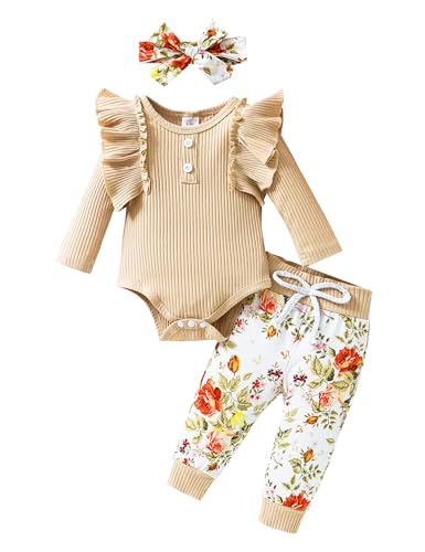 puseky Newborn Baby Girls Clothes 3-6 Months Ruffled Long Sleeve Romper Jumpsuit and Floral Pants Infant Baby Girl Outfits Set Beige