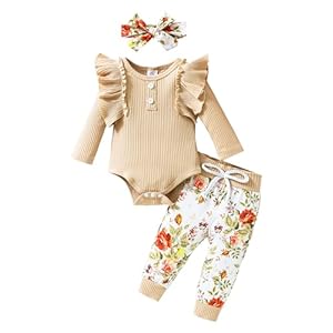 puseky Neugeborenes Baby Mädchen Kleidung geraffte lange Ärmel Strampler Jumpsuit Floral Hosen mit Stirnband Winter Herbst Outfit Anzug