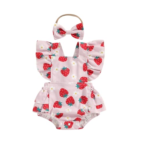 ZAXARRA Little Baby Girls 2Pcs Summer Outfits Fly Sleeve Flower Print Bodysuit with Headband Newborn Clothes (Pink Strawberry, 0-3 Months)