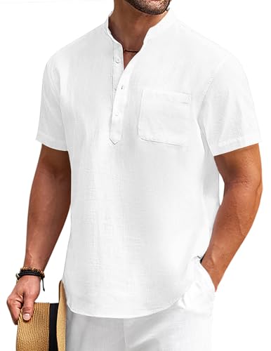 COOFANDY Men's Cotton Linen Henley Shirt Short Sleeve Hippie Casual Beach T-Shirts with Pocket