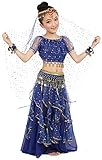 Girls Belly Dance Top Skirt Set Halloween Costume with Head Veil,Waist Chain Dark Blue