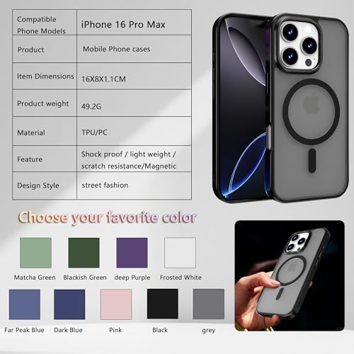 Image of Magnetic iPhone 16 Pro Max case,Compatible with Magsafe, Military-Grade Protection,Slim Translucent Matte Shockproof with Anti-Scratch Anti-Fingerprint Phone Cover (Black, iPhone 16 Pro Max)