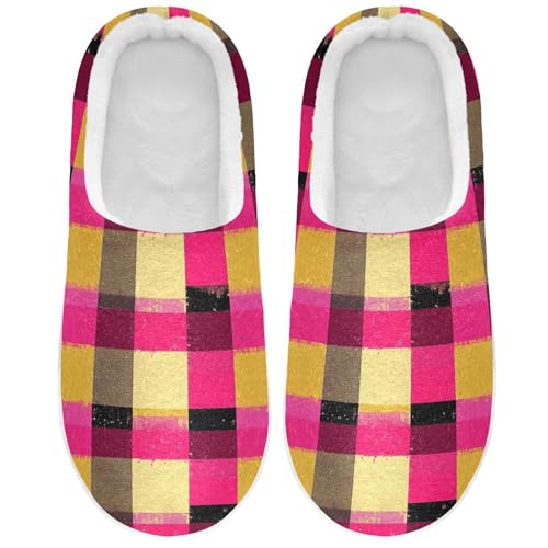 JUNZAN Buffalo Plaid Check Hot Pink Gold Women Home Cotton Slippers Breathable Memory Foam Bedroom Shoes for Spa Funny Presents 6-7