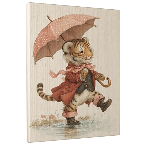 Toile tigre mignon sous la pluie : tableau déco féerique pour réchauffer le salon