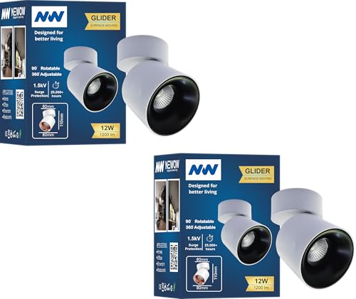 Image of NW 12W Glider SF Moveable White with Black Aluminium 360 Degree Adjustable Cylindrical Shape LED Surface Light | COB Light | Wall Light | Spot Light | Light Color- White (Pack of 2)