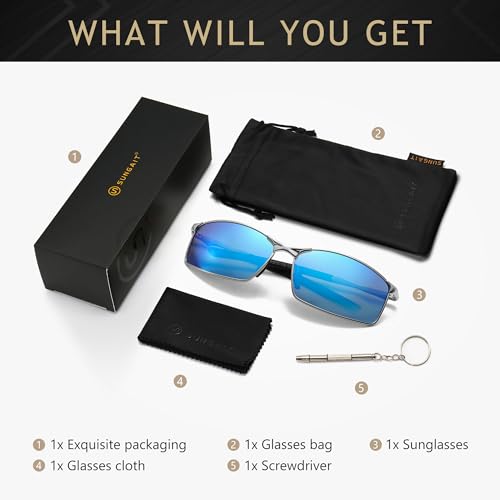 Image of SUNGAIT Ultra-Lightweight Polarized Sunglasses Men for Driving Fishing Golf, Rectangular Metal Frame with Spring Hinge