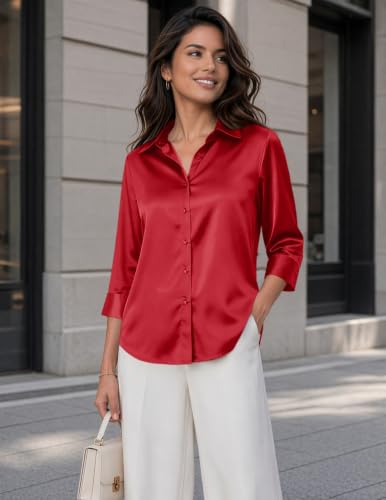 Image of Zeagoo Womens Satin Blouses Button Down Shirts 3 /4 Sleeve Dressy Tops S-2XL