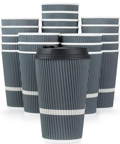 Glowcoast Disposable Coffee Cups With Lids - 16 oz To Go Coffee Cup (70 Pack). Large Travel Cups Hold Shape With Hot and Cold Drinks, No Leaks! Insulated Ripple Cups Protect Hands, No Sleeves needed!