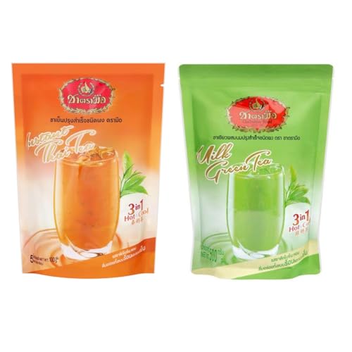 Original Thai Tea Variety Set (Cha Tra Mue Ready-to-Drink Sachets: Instant Thai Tea + Milk Green Tea)