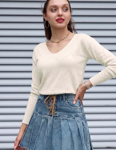 Image of Zeagoo Womens Sweaters Fall Trendy Casual Long Sleeve Shirt Lightweight V Neck Off Shoulder Crochet Pullover Top Outfit