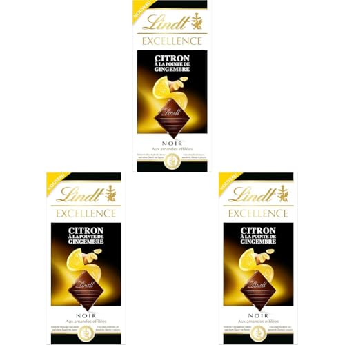 Lindt - Tablette Citron Pointe de Gingembre EXCELLENCE - Chocolat Noir - 100g (Lot de 3)