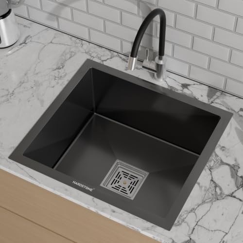 Image of HARDSTONE Premium Kitchen Sink | Single Bowl 16x18x9 Inch | Handmade Heavy Duty Stainless Steel Wash Basin with Matte Black Finish | Includes Waste Hose Pipe, Coupling & Compact Drying Rack | Black