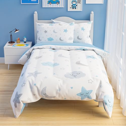 Image of SANDJEST Star and Moon Comforter Set Twin Size 68x86in for Kids Boys Girls Unisex, Microfiber 3 Pcs Bedding Set Includes 1 Comforter, 1 Pillowcase, 1 Fitted Sheet, Nursery Room Decor