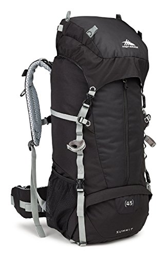 High Sierra Summit 45L Top LoadBackpack Pack, High-Performance Pack for Backpacking, Hiking, Camping, with Rain Fly, Black/Black/Silver