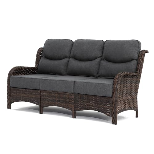 HILLGA Luxury Outdoor Furniture High Back Patio Sofa, Oversized 3-Seater Couch with 6'' Thick Cushions, Ideal for Porch, Poolside, Deck, and Yard (Dark Gray)