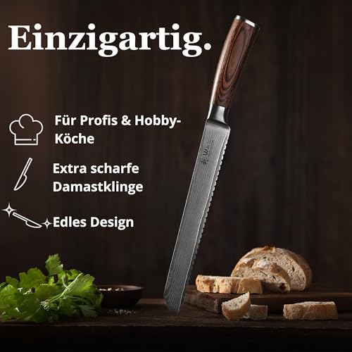 Foto von Wakoli EDIB Brotmesser Wellenschliff aus echtem Damaststahl (VG10 Kern) mit 20 cm Klinge – Scharf & ergonomisch – Damastmesser mit Pakkaholzgriff in Geschenkbox – Brotschneidemesser für krosse Krusten