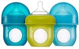 Boon, NURSH Reusable Silicone Pouch Bottle, Air-Free Feeding, 4 Ounce with Stage 1 Slow Flow Nipple (Pack of 3), Blue