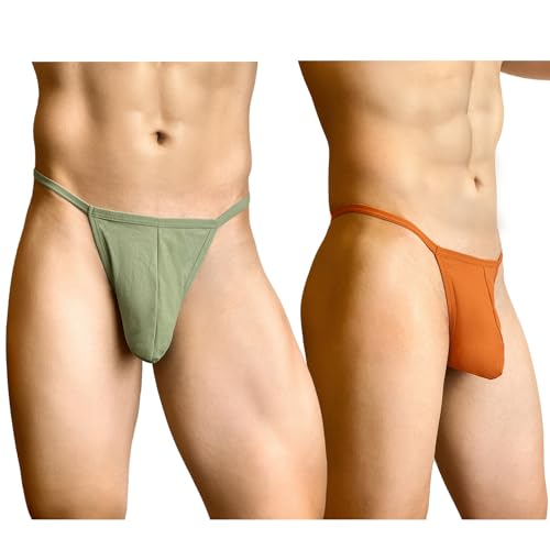 2-Pack Jock Strap Men's Thong Underwear and G-String Cotton Breathable Underpants for Male Athletic Supporters Green Orange