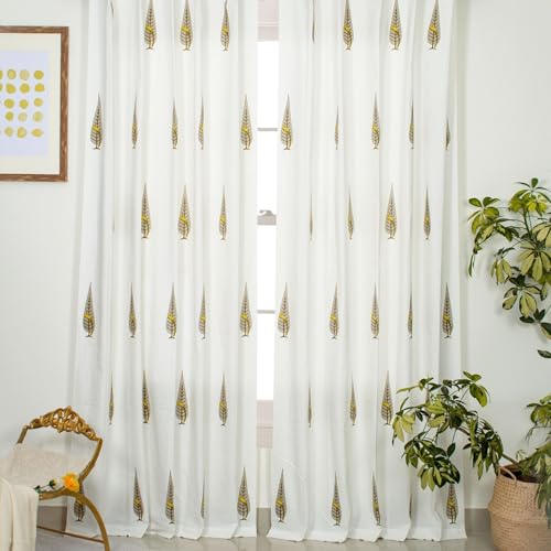 Image of Tranquebar Curtain Co. Cotton Curtains 7 Feet Long Set of 2, 60-65% Room Darkening, Yellow Ethnic Curtains Bird Print, Door Curtains 7 Feet Set of 2, with Eyelet, Tori (213 cm) - Set of 2