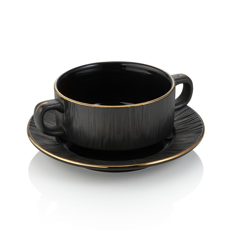 4x Suppentasse mit Untertasse Set MAYA KURO, Ø 10,5 cm, 250 ml, schwarz, Porzellan